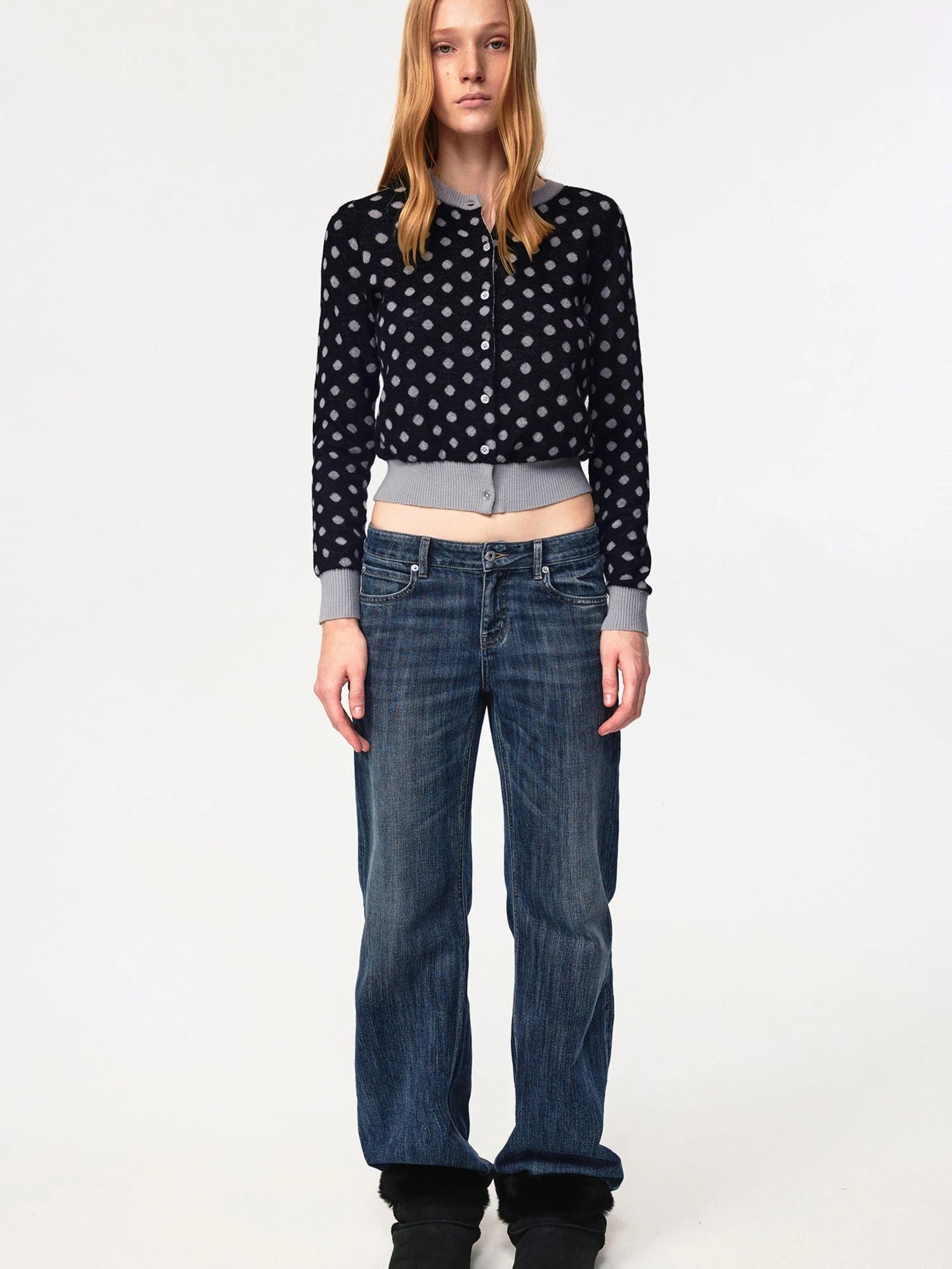 Round Neck Black Gray Polka Dot Waist Cropped Cardigan