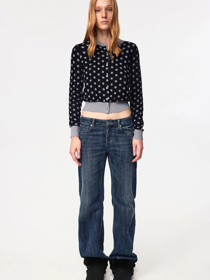 Round Neck Black Gray Polka Dot Waist Cropped Cardigan