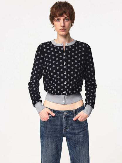 Round Neck Black Gray Polka Dot Waist Cropped Cardigan