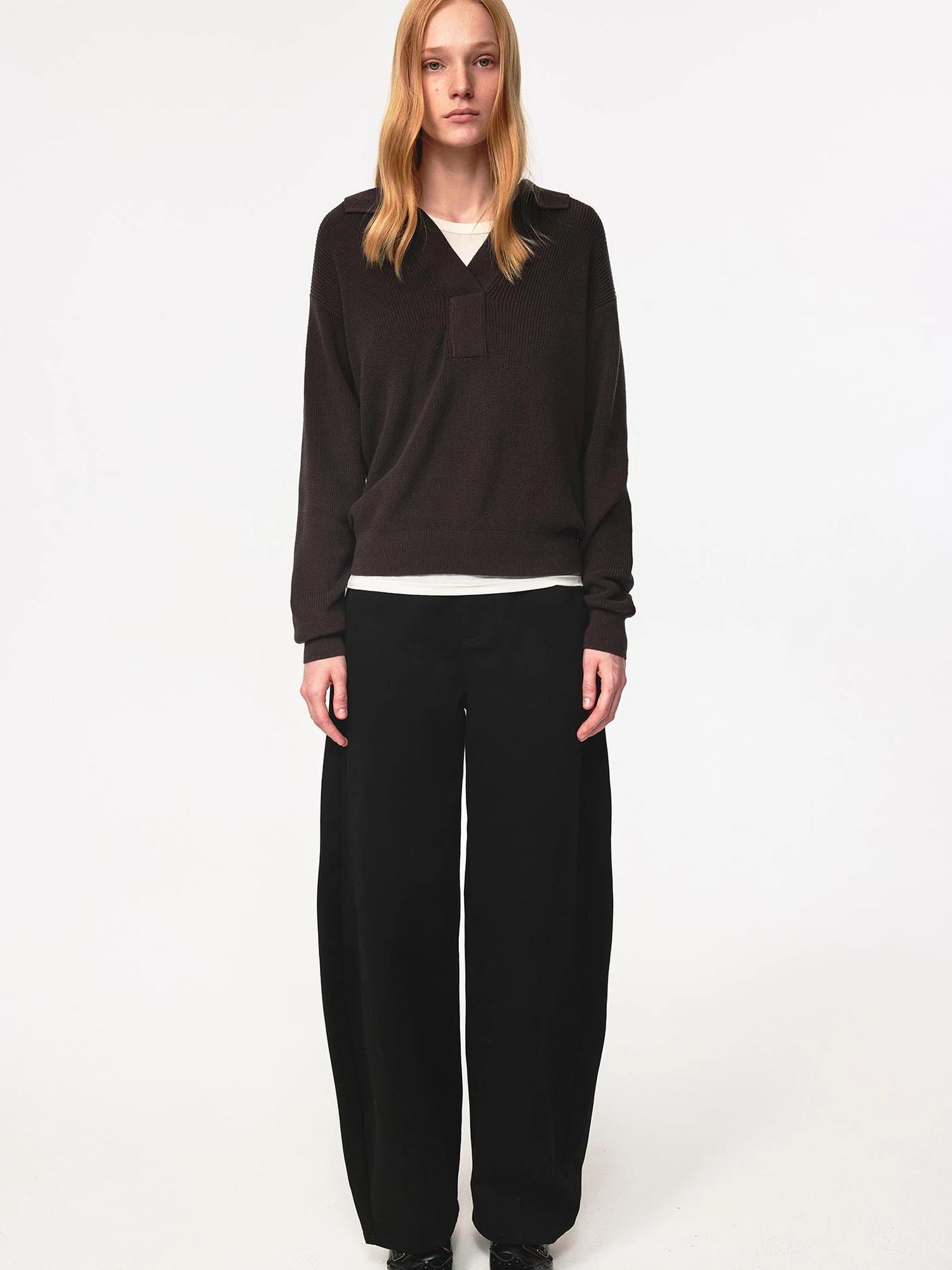 Semi Collar Loose Stack Knit Polo Top