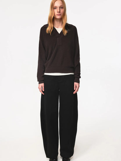 Semi Collar Loose Stack Knit Polo Top