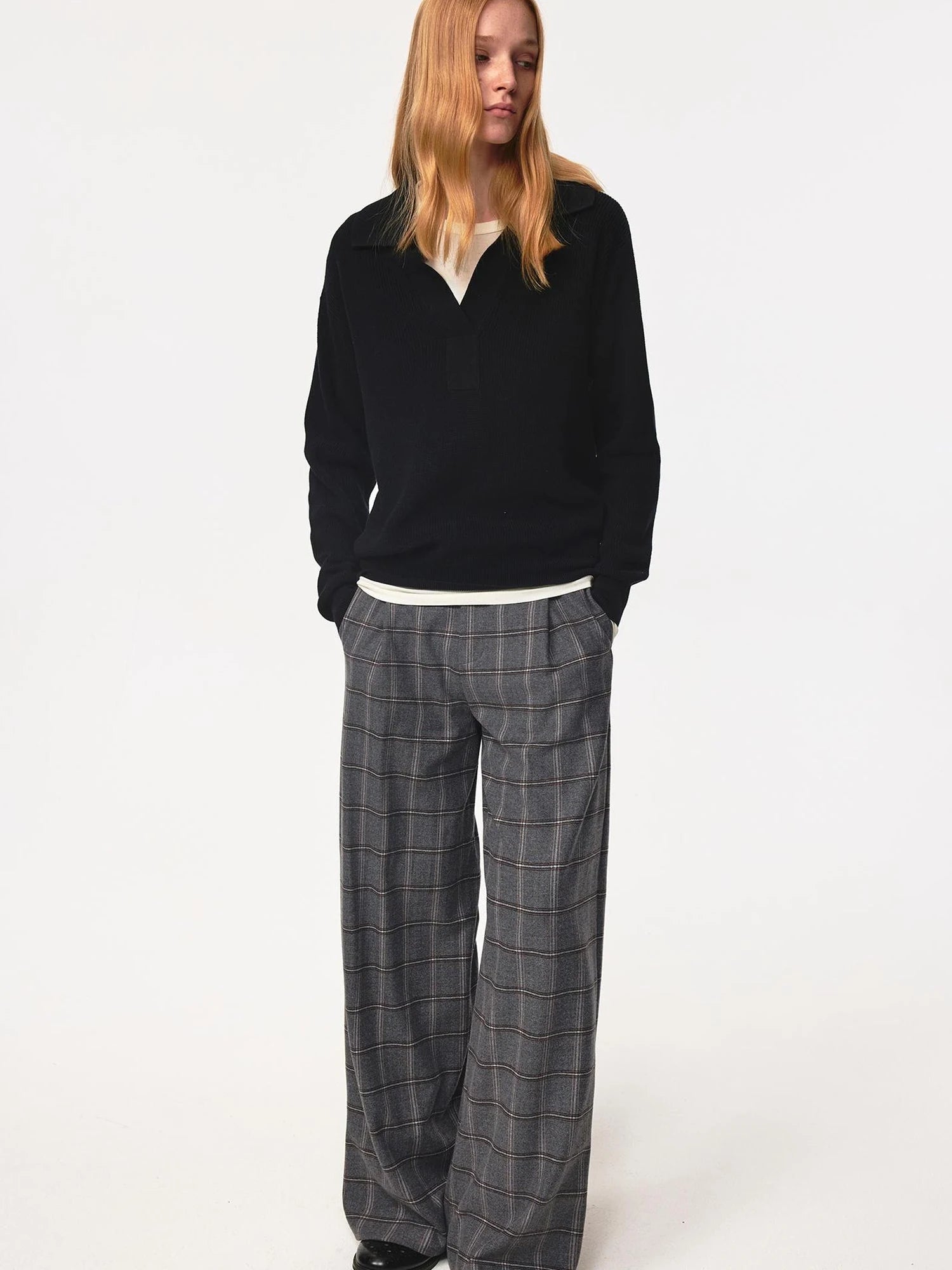 Semi Collar Loose Stack Knit Polo Top