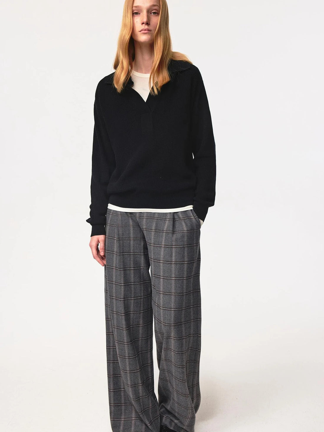 Semi Collar Loose Stack Knit Polo Top