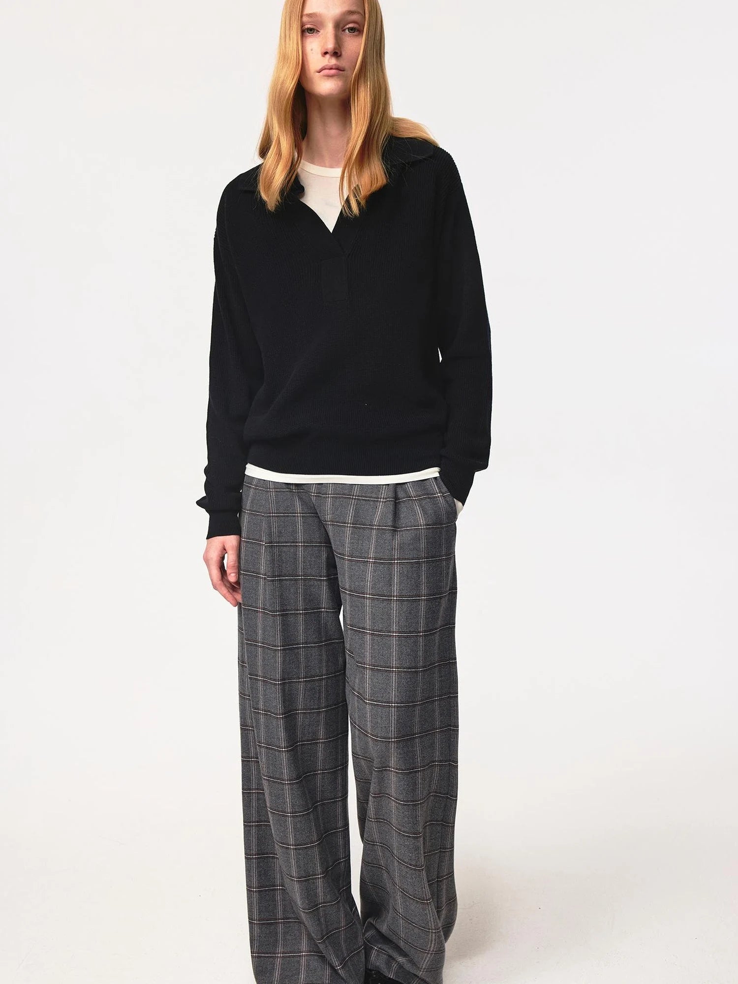 Semi Collar Loose Stack Knit Polo Top