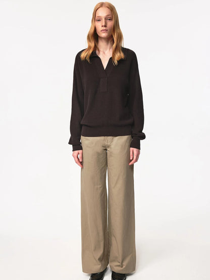 Semi Collar Loose Stack Knit Polo Top