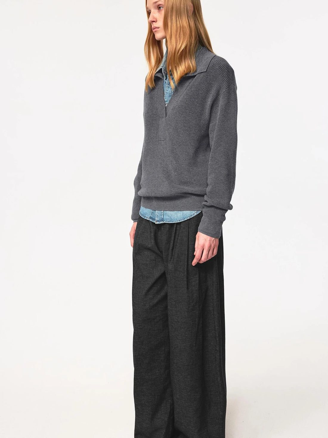 Semi Collar Loose Stack Knit Polo Top