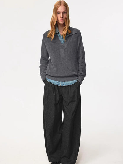 Semi Collar Loose Stack Knit Polo Top