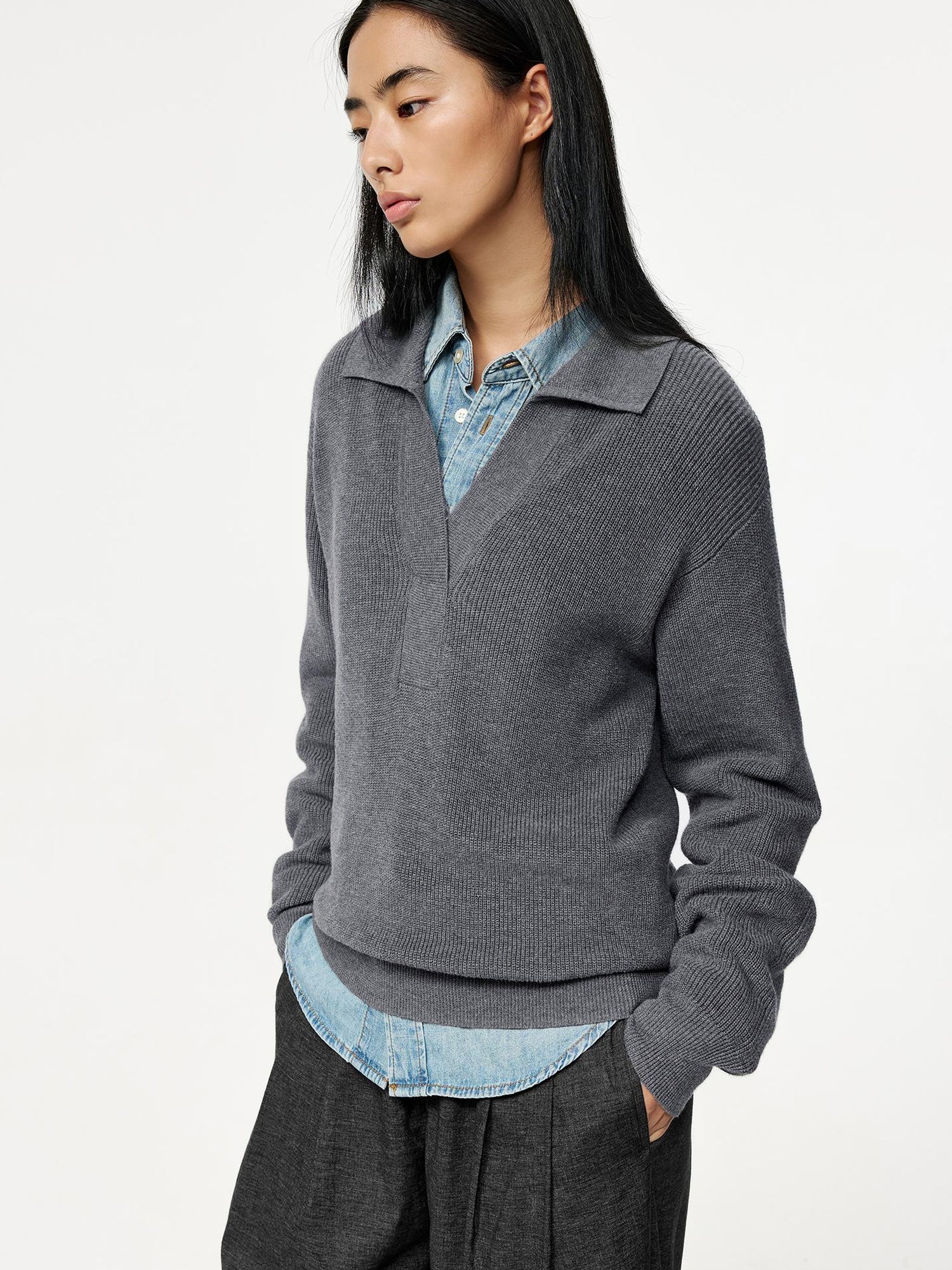Northbutsouth Semi Collar Loose Stack Knit Polo Top