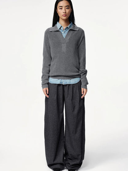 Semi Collar Loose Stack Knit Polo Top