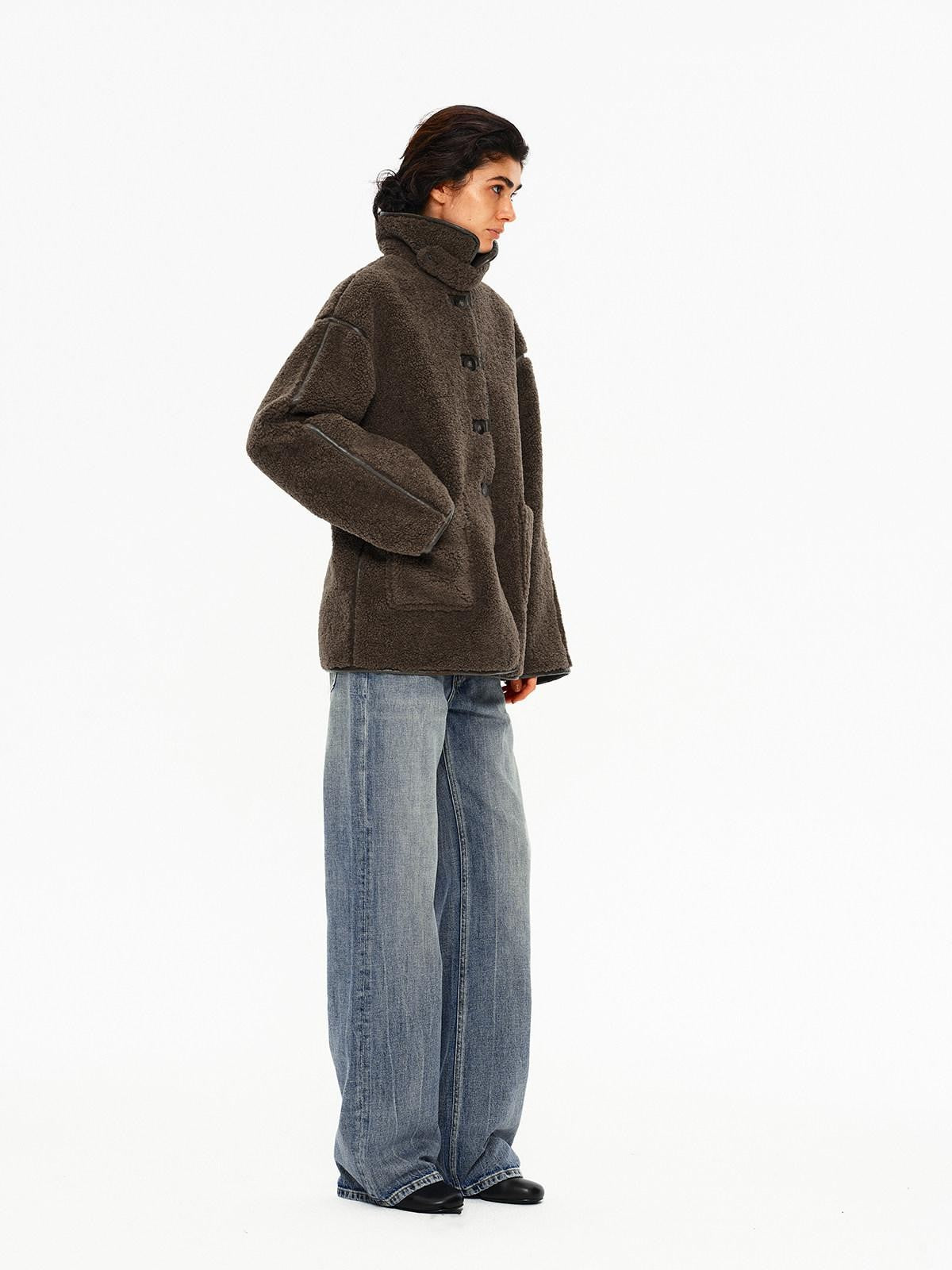 Northbutsouth Shearling Collar Lapel Patch Pockets Mid Length Women&