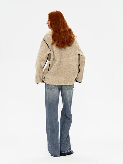 Northbutsouth Shearling Collar Lapel Patch Pockets Mid Length Women&