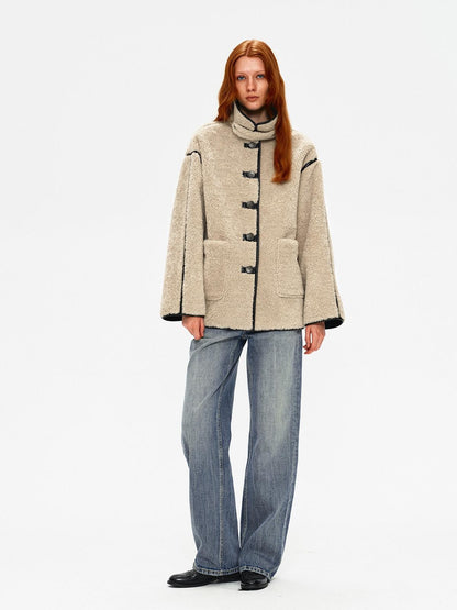 Northbutsouth Shearling Collar Lapel Patch Pockets Mid Length Women&