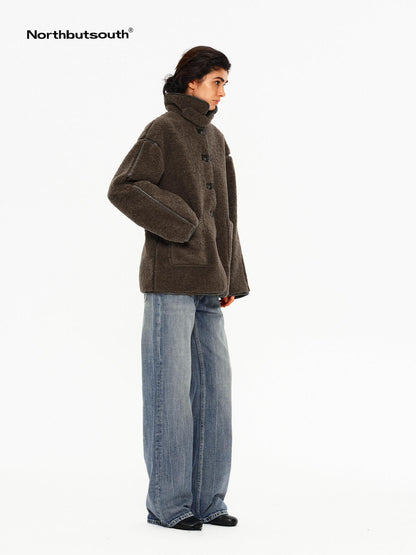 Northbutsouth Shearling Collar Lapel Patch Pockets Mid Length Women&