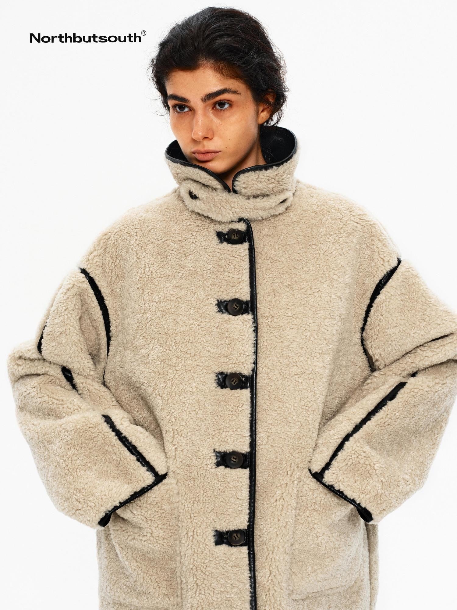 Northbutsouth Shearling Collar Lapel Patch Pockets Mid Length Women&