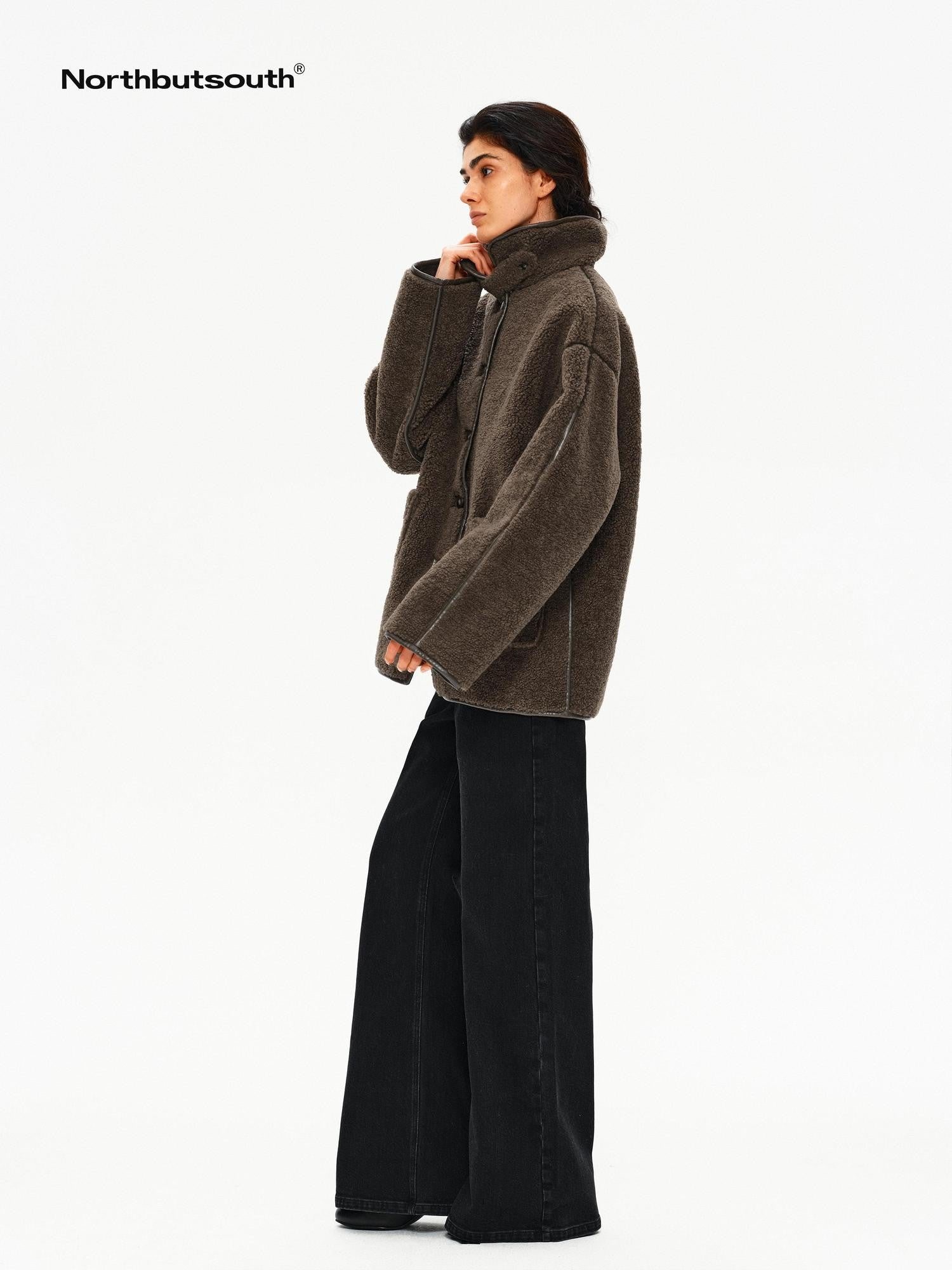 Northbutsouth Shearling Collar Lapel Patch Pockets Mid Length Women&