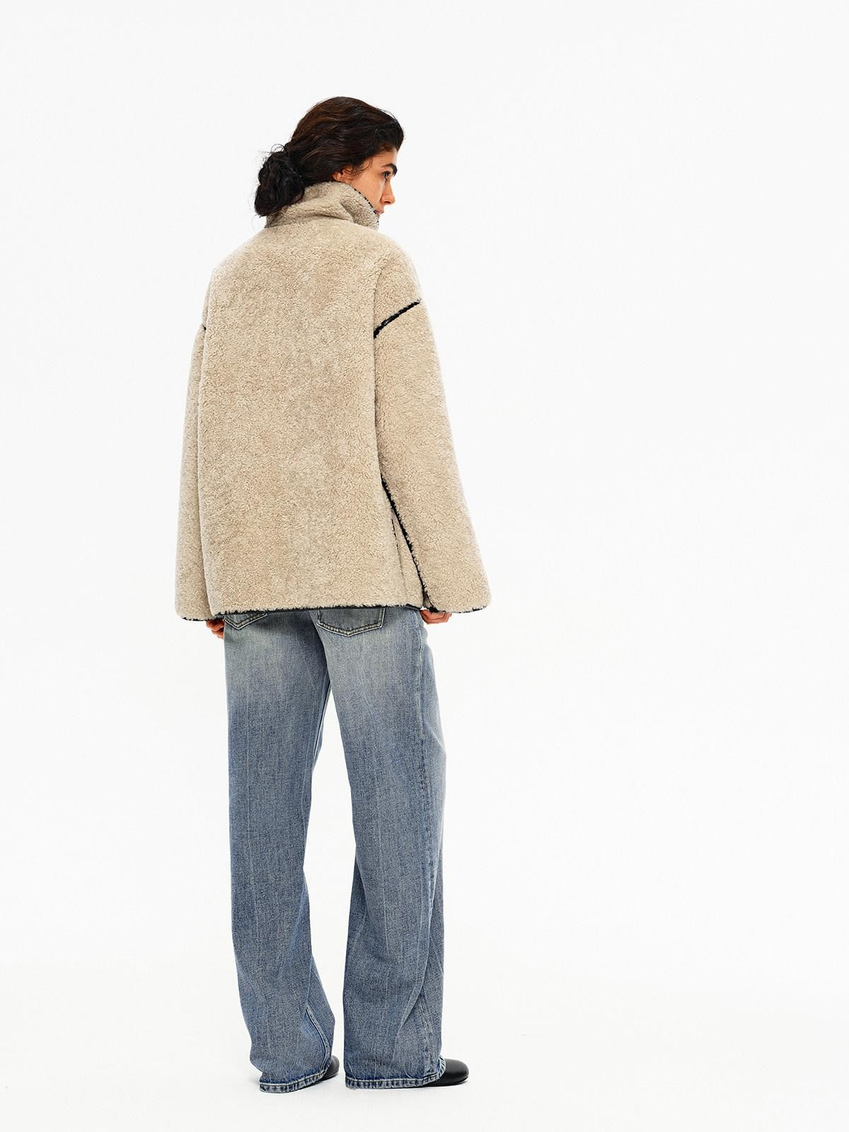 Northbutsouth Shearling Collar Lapel Patch Pockets Mid Length Women&