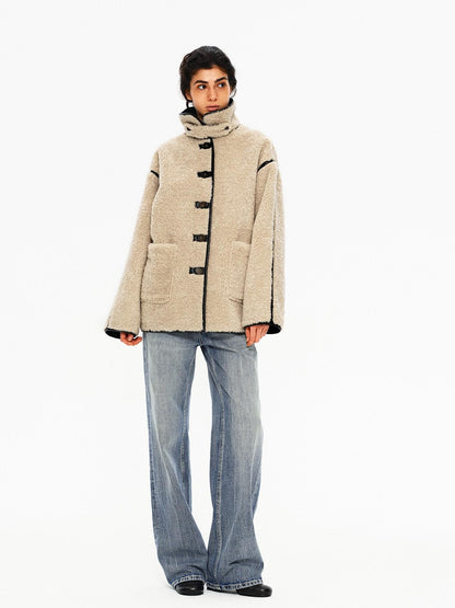Northbutsouth Shearling Collar Lapel Patch Pockets Mid Length Women&