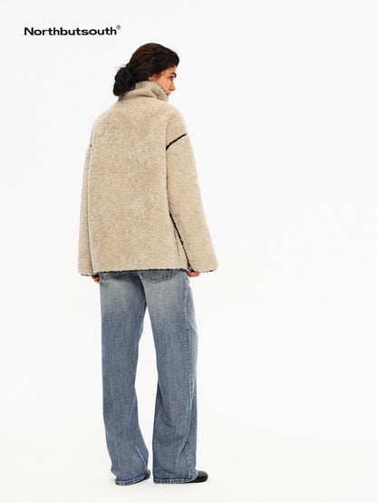 Northbutsouth Shearling Collar Lapel Patch Pockets Mid Length Women&