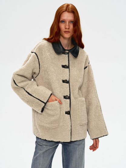 Northbutsouth Shearling Collar Lapel Patch Pockets Mid Length Women&
