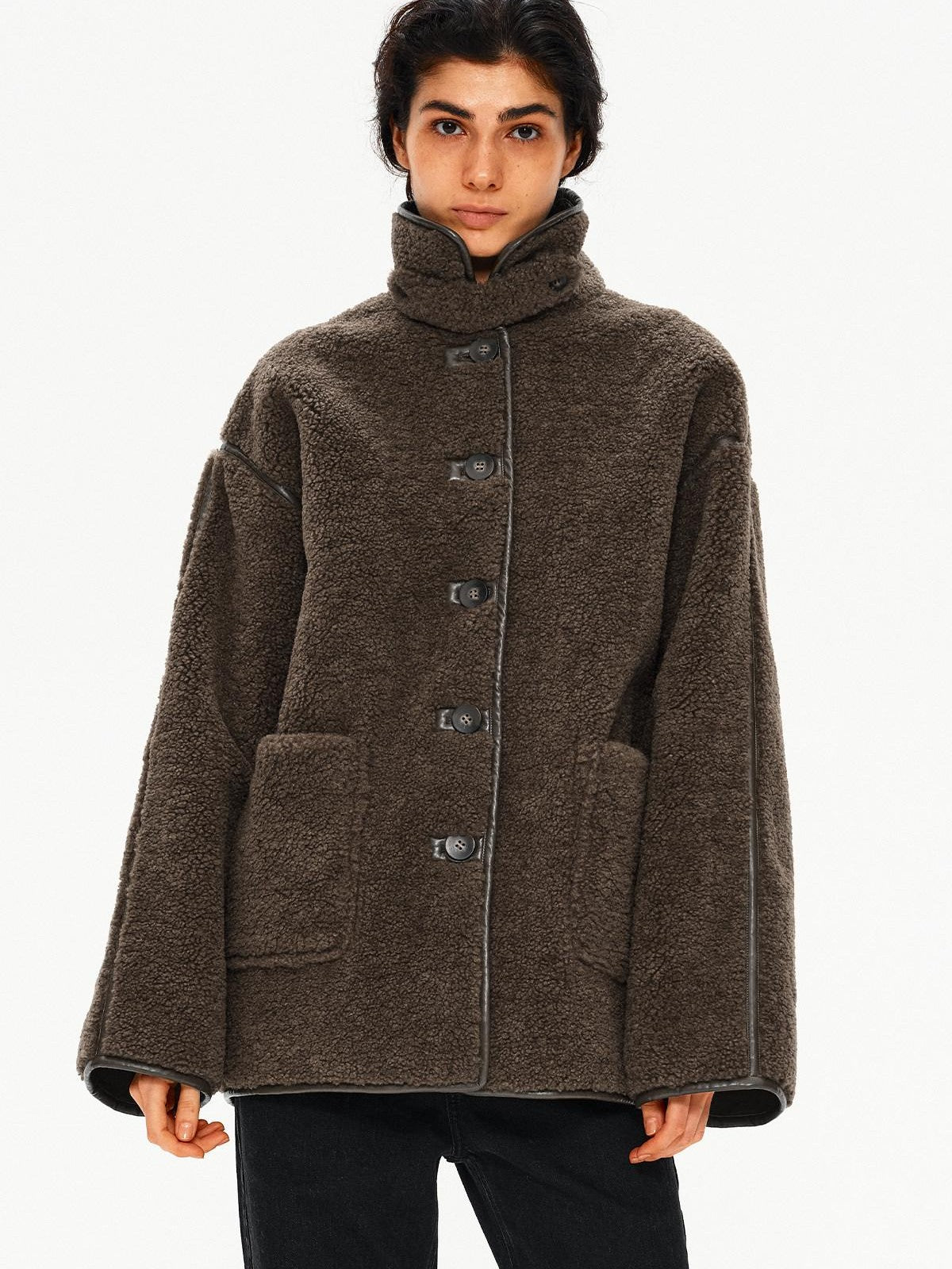 Northbutsouth Shearling Collar Lapel Patch Pockets Mid Length Women&