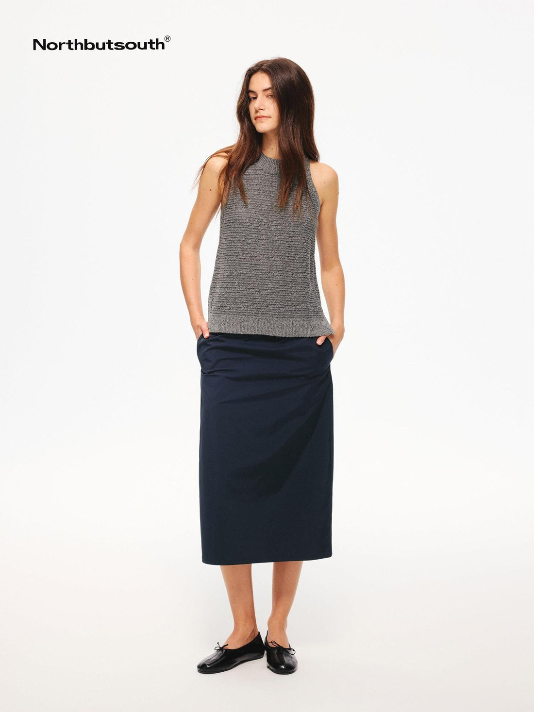 Northbutsouth Shiny A Line Back Slit Elastic Waist Women&