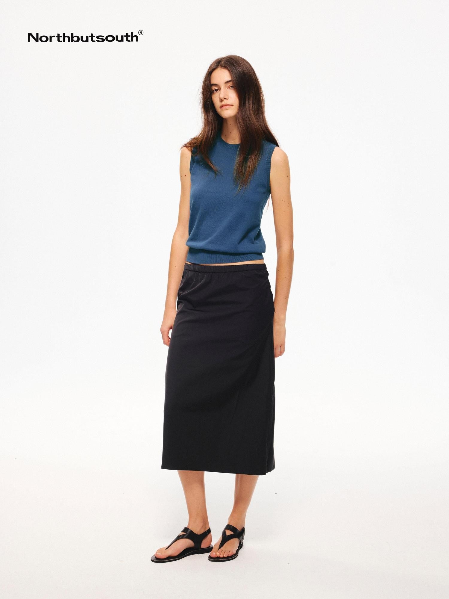 Northbutsouth Shiny A Line Back Slit Elastic Waist Women&