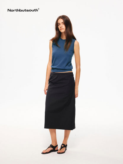 Northbutsouth Shiny A Line Back Slit Elastic Waist Women&