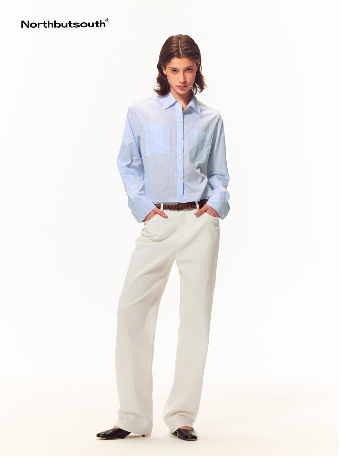 Northbutsouth Side Slit Cropped Double Pocket Long Sleeve Cotton Women&