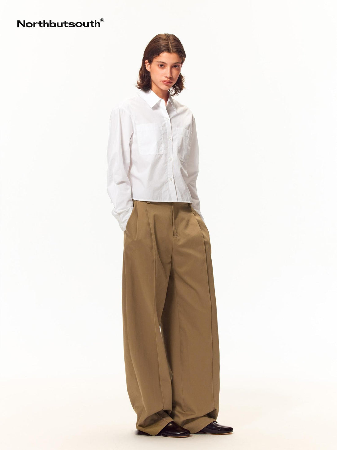 Northbutsouth Side Slit Cropped Double Pocket Long Sleeve Cotton Women&