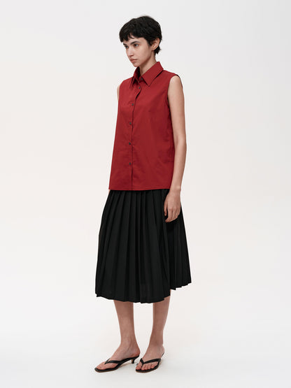 Northbutsouth Single Row Button Sleeveless Cotton Shirt in Black and Red