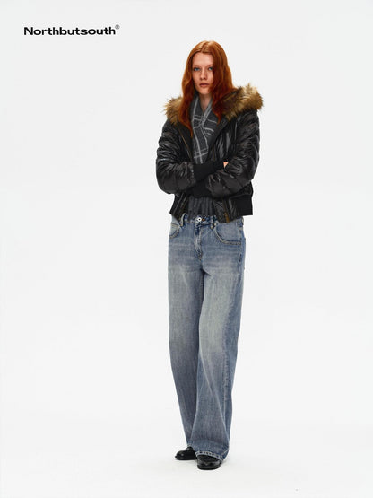 Northbutsouth Slim Fit Hooded Aviator Fur Collar Women&