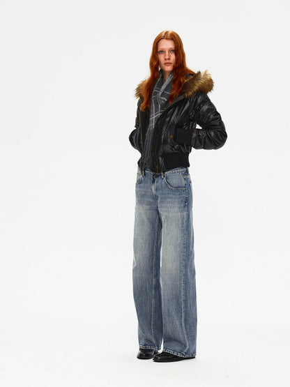 Northbutsouth Slim Fit Hooded Aviator Fur Collar Women&