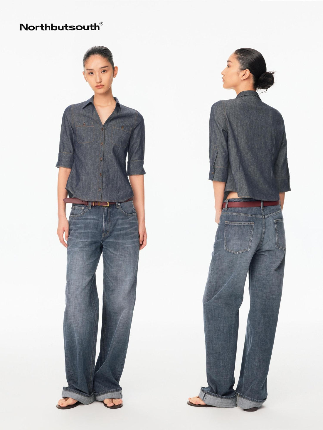 Northbutsouth Smoky Blue Washed Slub Mid Low Rise Women&