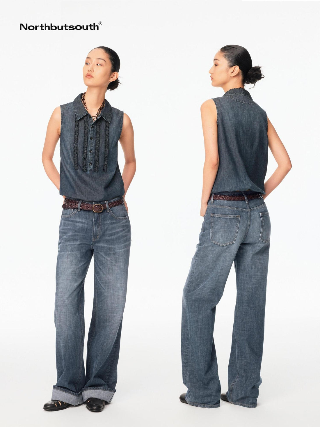 Northbutsouth Smoky Blue Washed Slub Mid Low Rise Women&