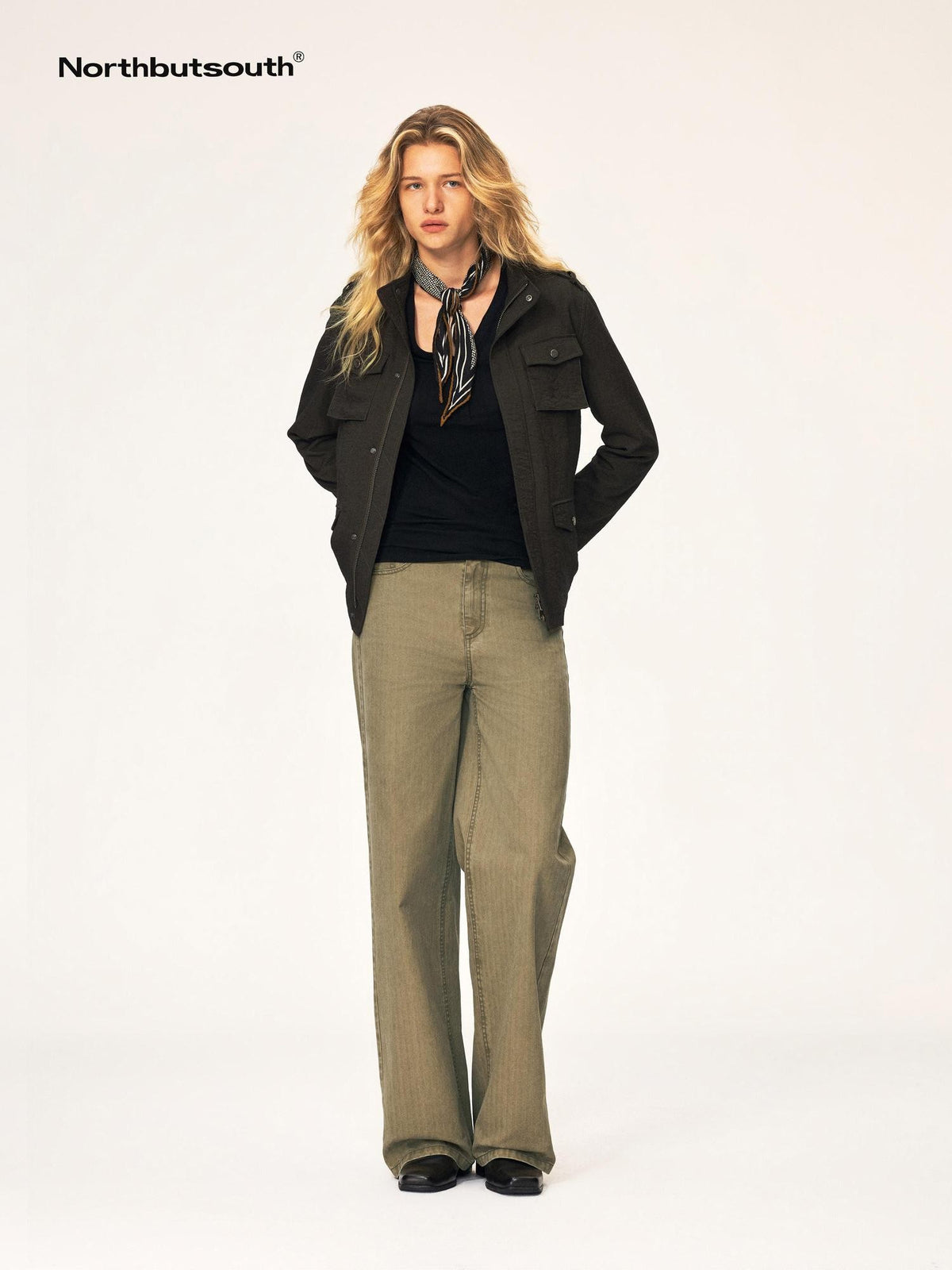 Northbutsouth Stand Collar Multi Pocket Color Block Slim Fit Women&