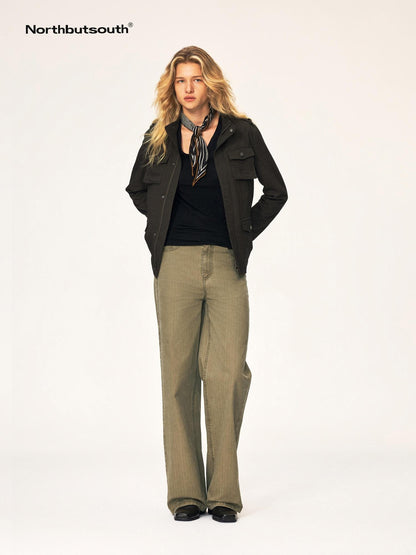 Northbutsouth Stand Collar Multi Pocket Color Block Slim Fit Women&