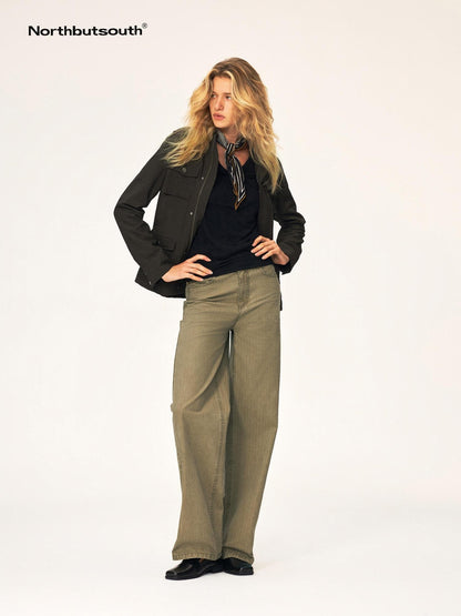 Northbutsouth Stand Collar Multi Pocket Color Block Slim Fit Women&