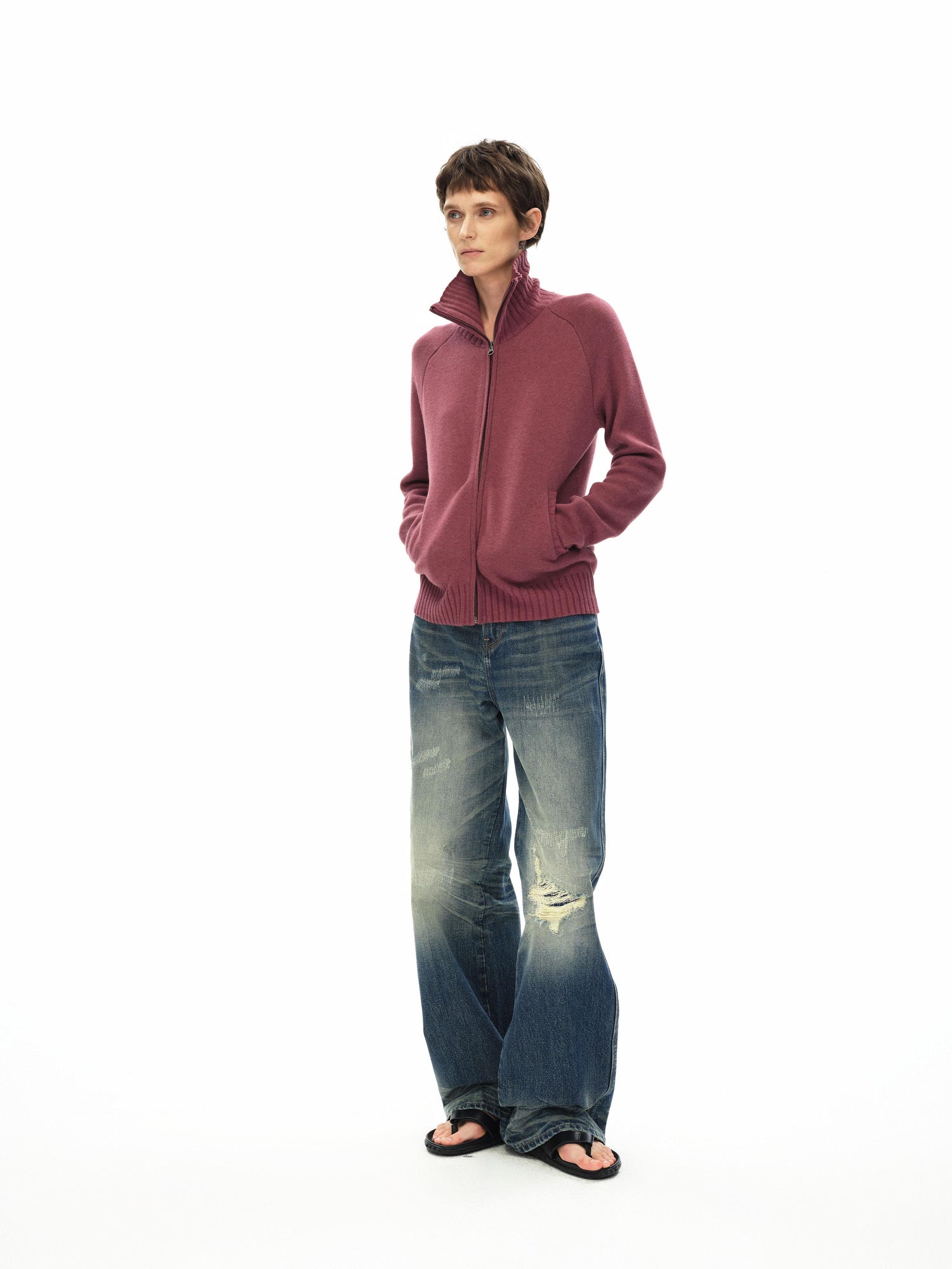 Northbutsouth Stand Collar Zip Up Knit Jacket With Pockets