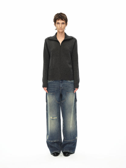Northbutsouth Stand Collar Zip Up Knit Jacket With Pockets