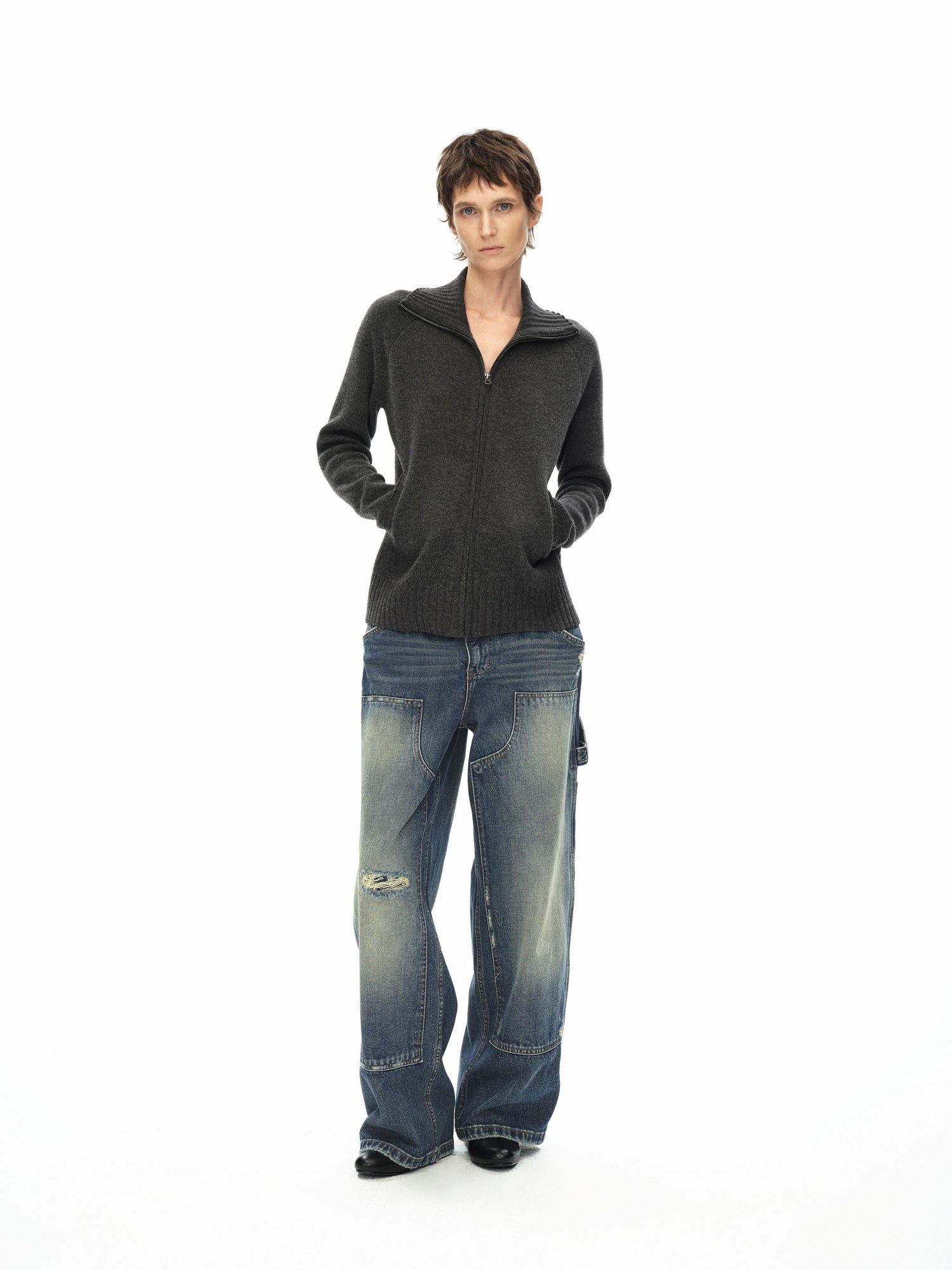 Northbutsouth Stand Collar Zip Up Knit Jacket With Pockets