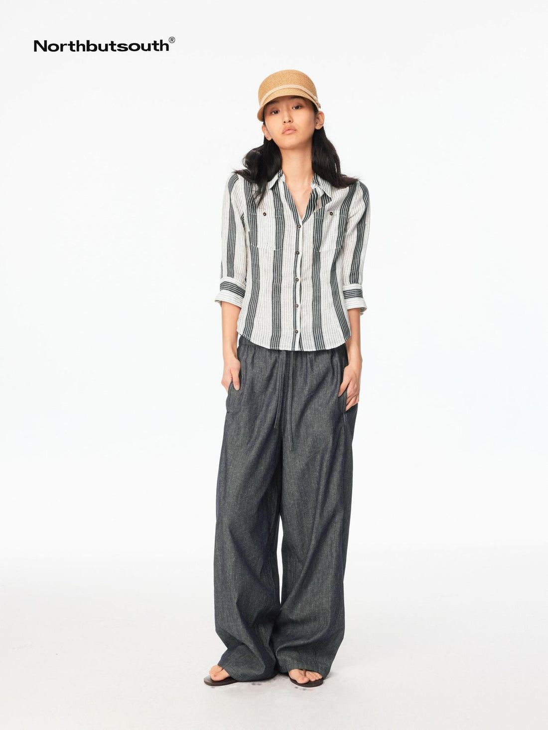 Northbutsouth Striped Cinched Waist V-neck Rolled Mid Sleeve Women&