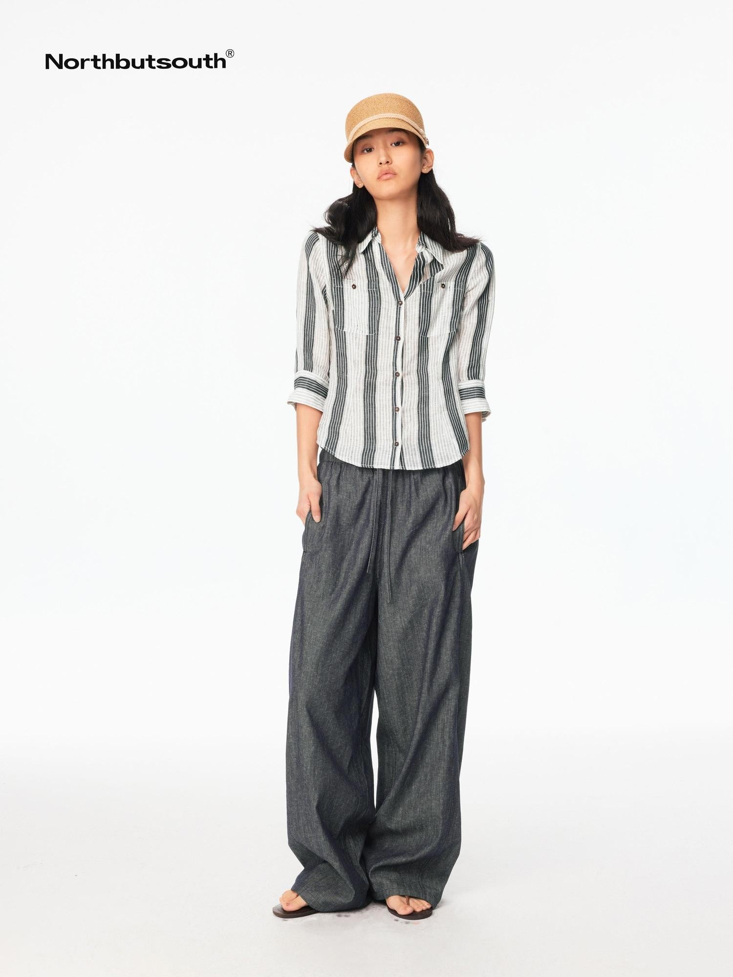 Northbutsouth Striped Cinched Waist V-neck Rolled Mid Sleeve Women&