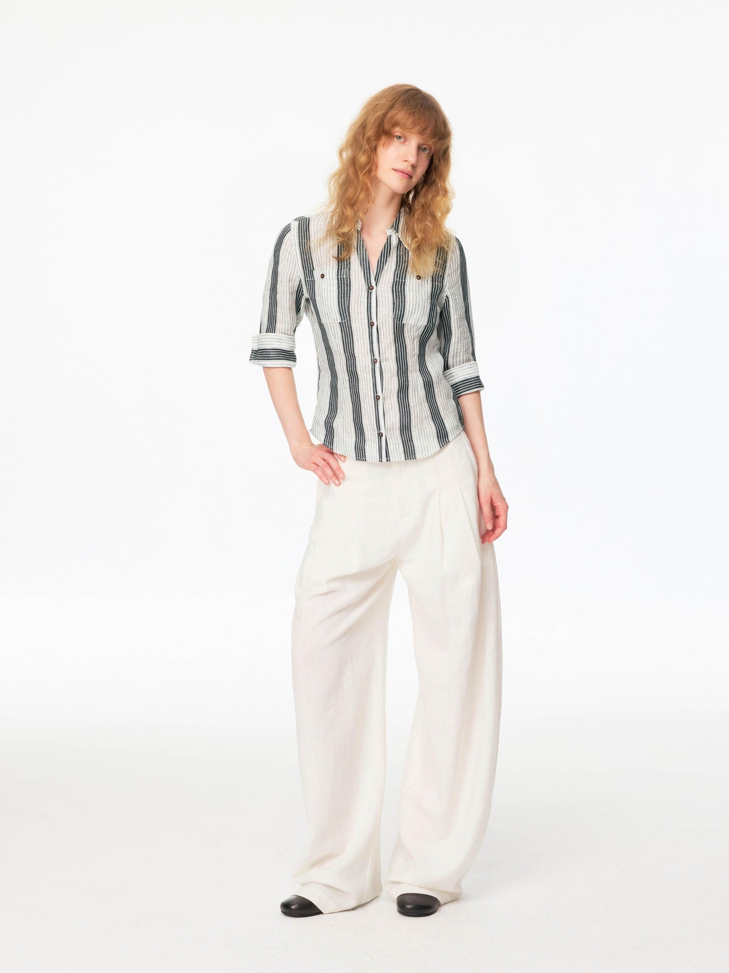 Northbutsouth Striped Cinched Waist V-neck Rolled Mid Sleeve Women&