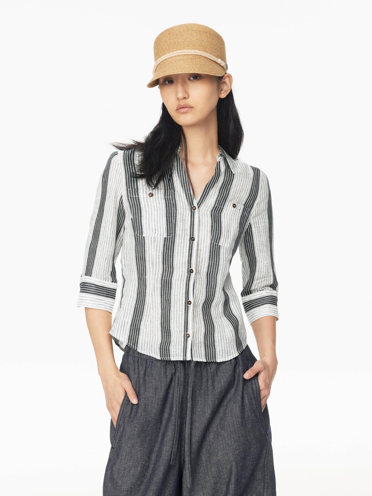 Northbutsouth Striped Cinched Waist V-neck Rolled Mid Sleeve Women&