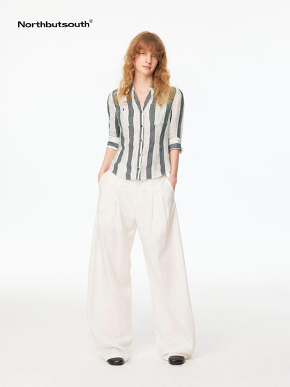 Northbutsouth Striped Cinched Waist V-neck Rolled Mid Sleeve Women&