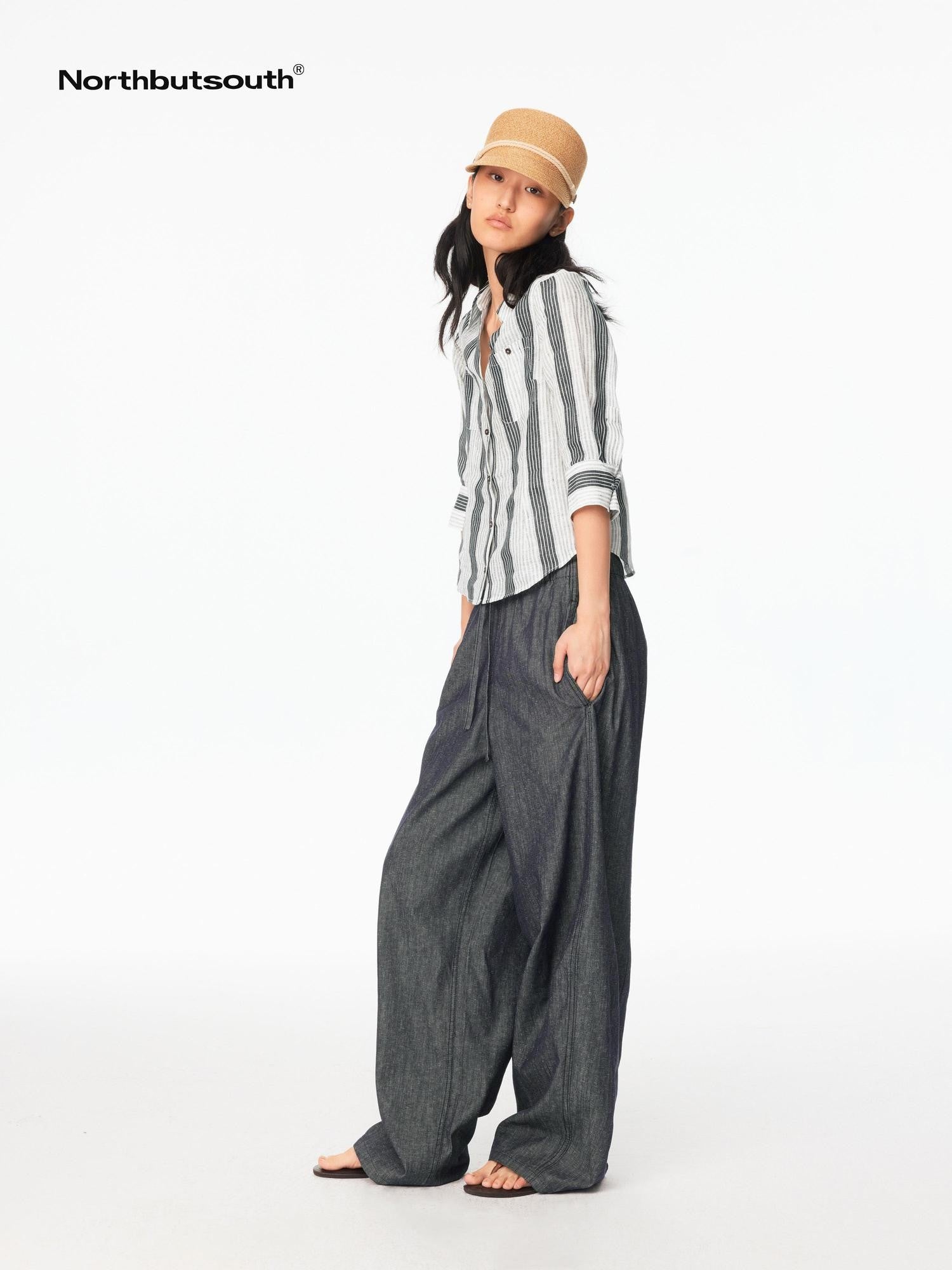 Northbutsouth Striped Cinched Waist V-neck Rolled Mid Sleeve Women&
