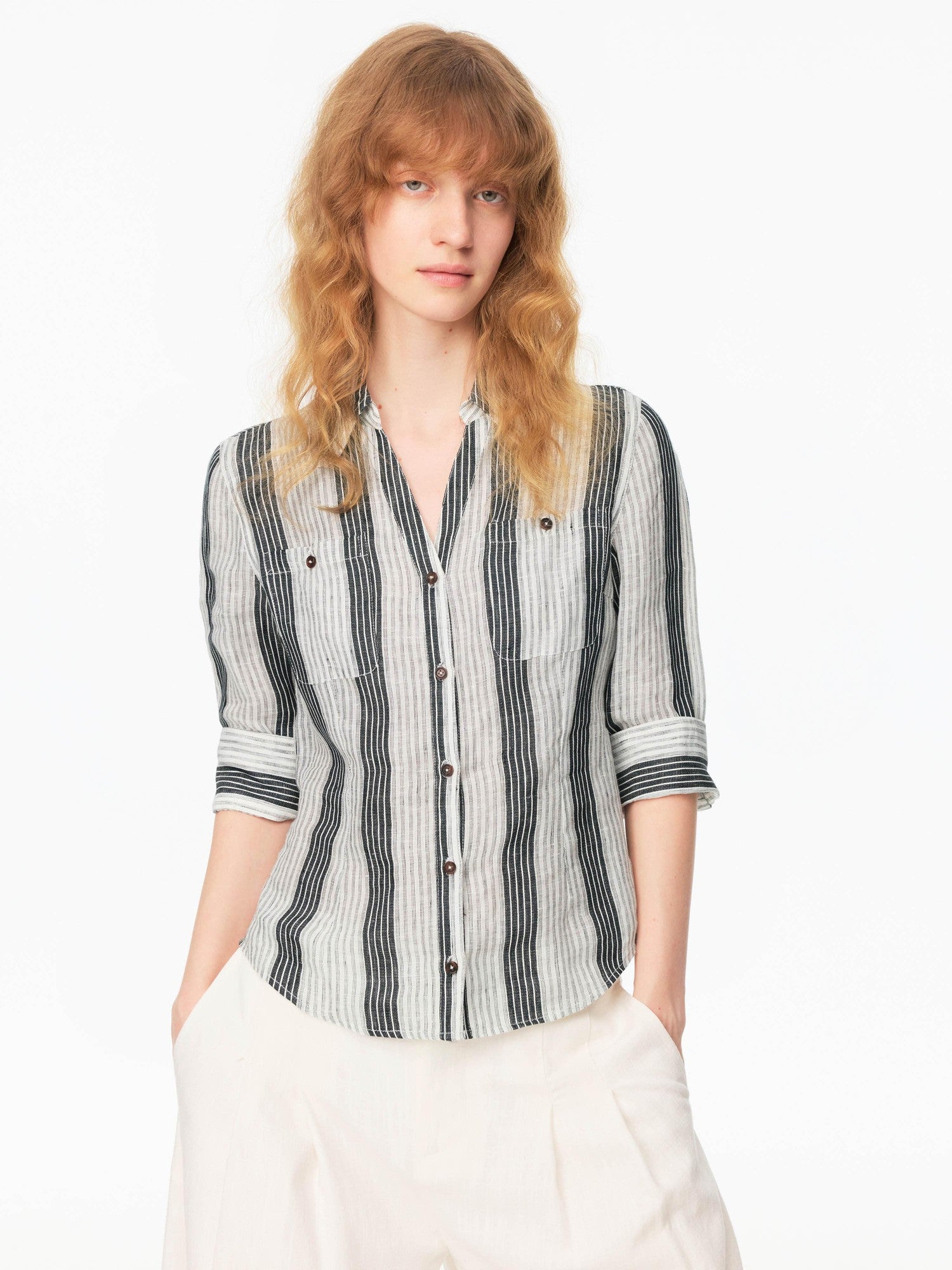 Northbutsouth Striped Cinched Waist V-neck Rolled Mid Sleeve Women&