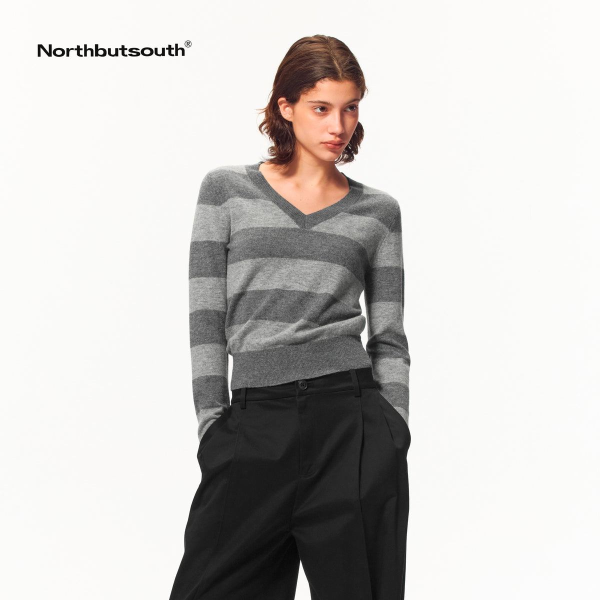 Northbutsouth_Striped_Color_Block_Loose_V-neck_Long_Sleeve_100%_Wool_Women&