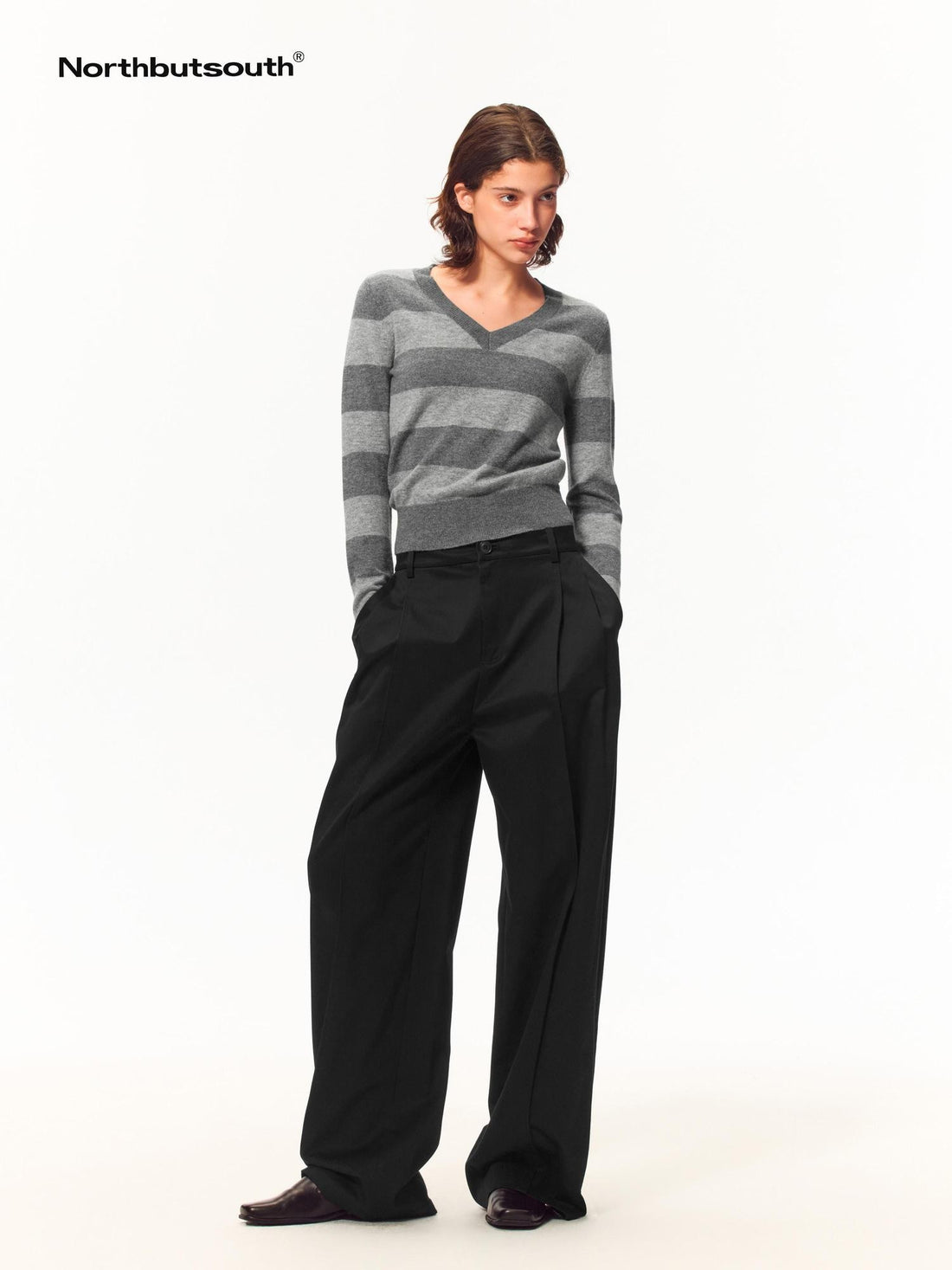 Northbutsouth Striped Color Block Loose V-neck Long Sleeve 100% Wool Women&