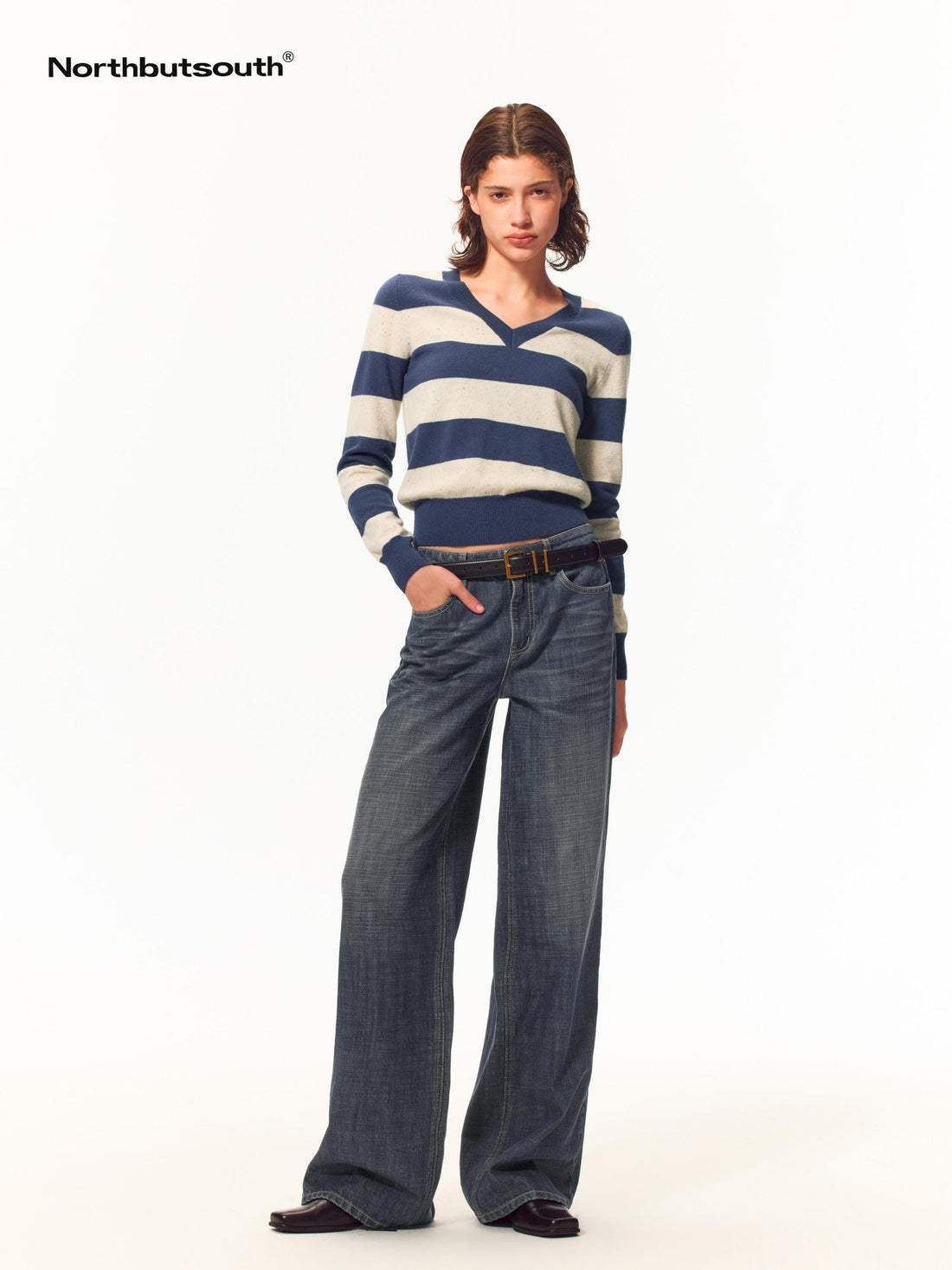 Northbutsouth Striped Color Block Loose V-neck Long Sleeve 100% Wool Women&